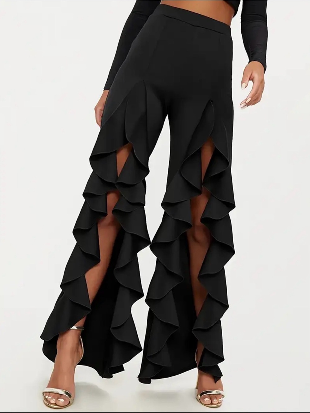 Ruffle Split-Leg Wide Pants - Black